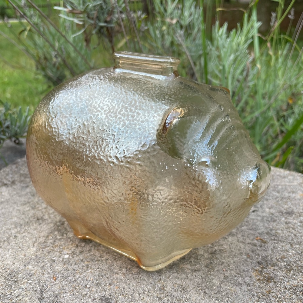 Vintage Anchor Hocking Large Glass Piggy Bank Pig Amber Tint Marigold Color
